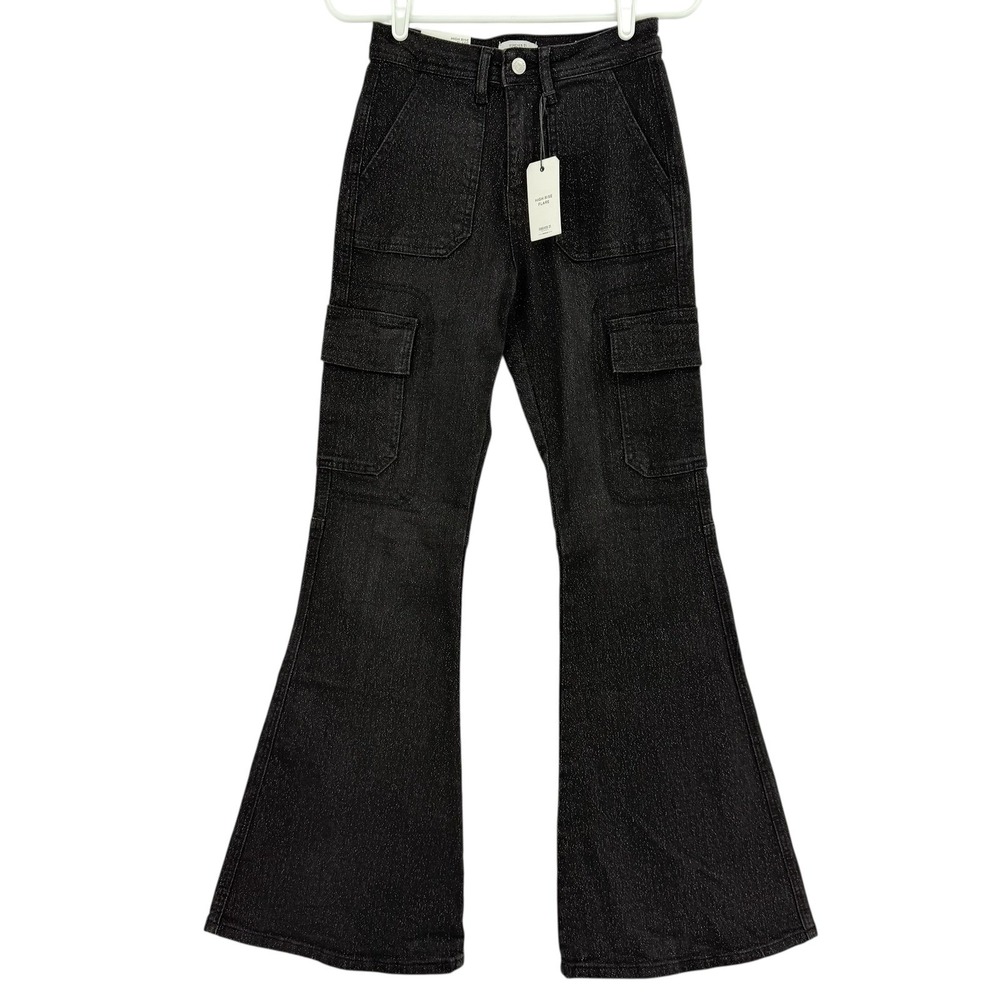 FOREVER 21 Women's Black High Rise Flare Cargo Jeans Sz 25 Glittery Sparkle NWT